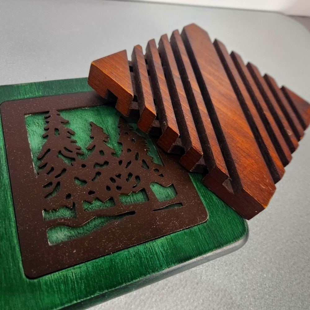 Lot 2 vintage wood decorative trivet green stain iron tree relief walnut stained